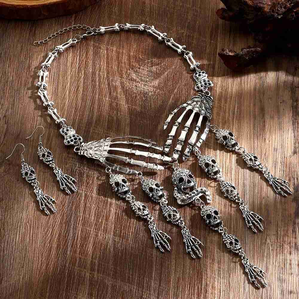 Zac's Alter Ego - Adjustable Diamante Skulls & Skeleton Bones Choker & Earrings Set Ensemble de bijoux - Couleur argent